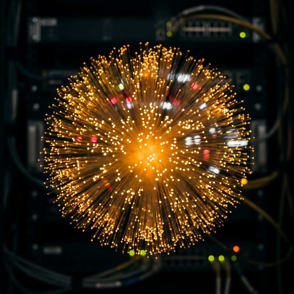 A bundle of fibre optic strands glowing amber in the dark